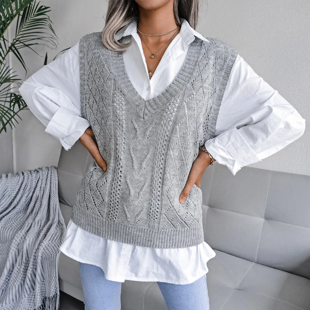 European And American Hollowed Out Twist V-neck Knitted Vest Sweater - Grey