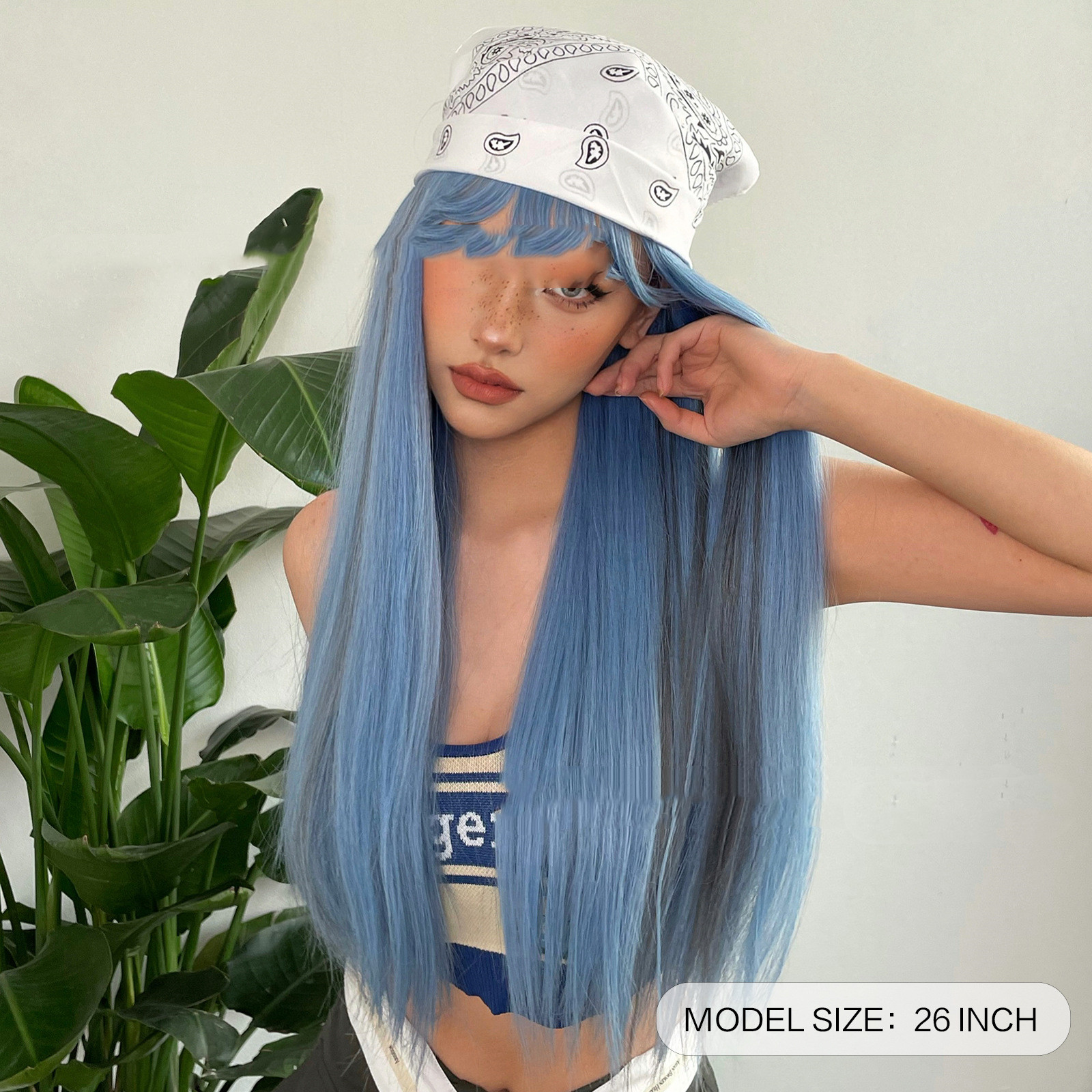 Title 2, Blue Natural Bangs Long Straight Hair Chemical ...