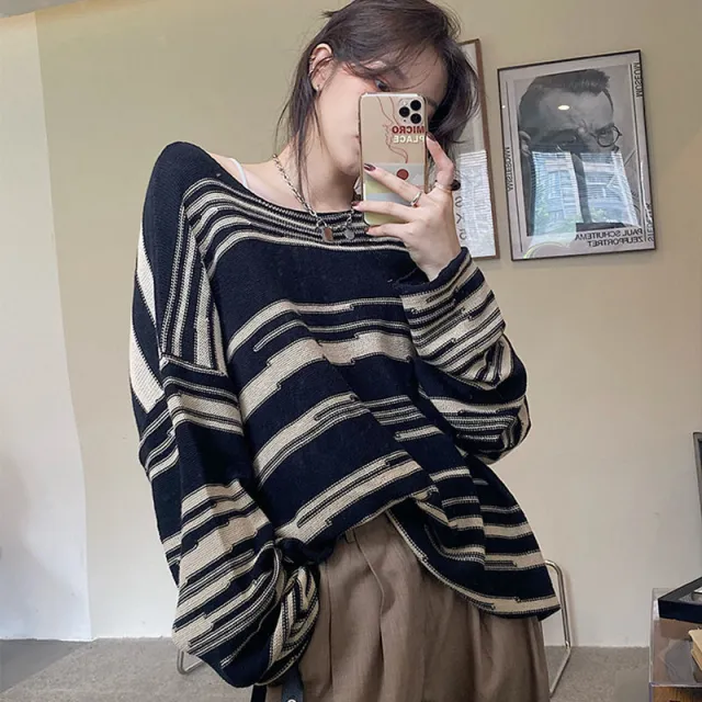 Lazy Style Knitwear Thin Women's Loose Round Neck Striped Sweater Striped Intarsia S - Shop at LoveMi