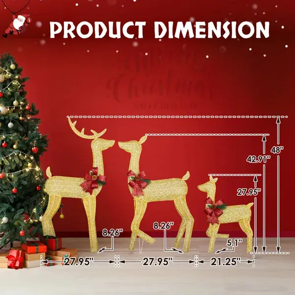 3-Piece Lighted Christmas Reindeer Family Set Outdoor Decorations, Weather Proof 2D Deer Family Set Of 3 Christmas Ornament Home Decor Pre-lit 200 LED Warm Whit