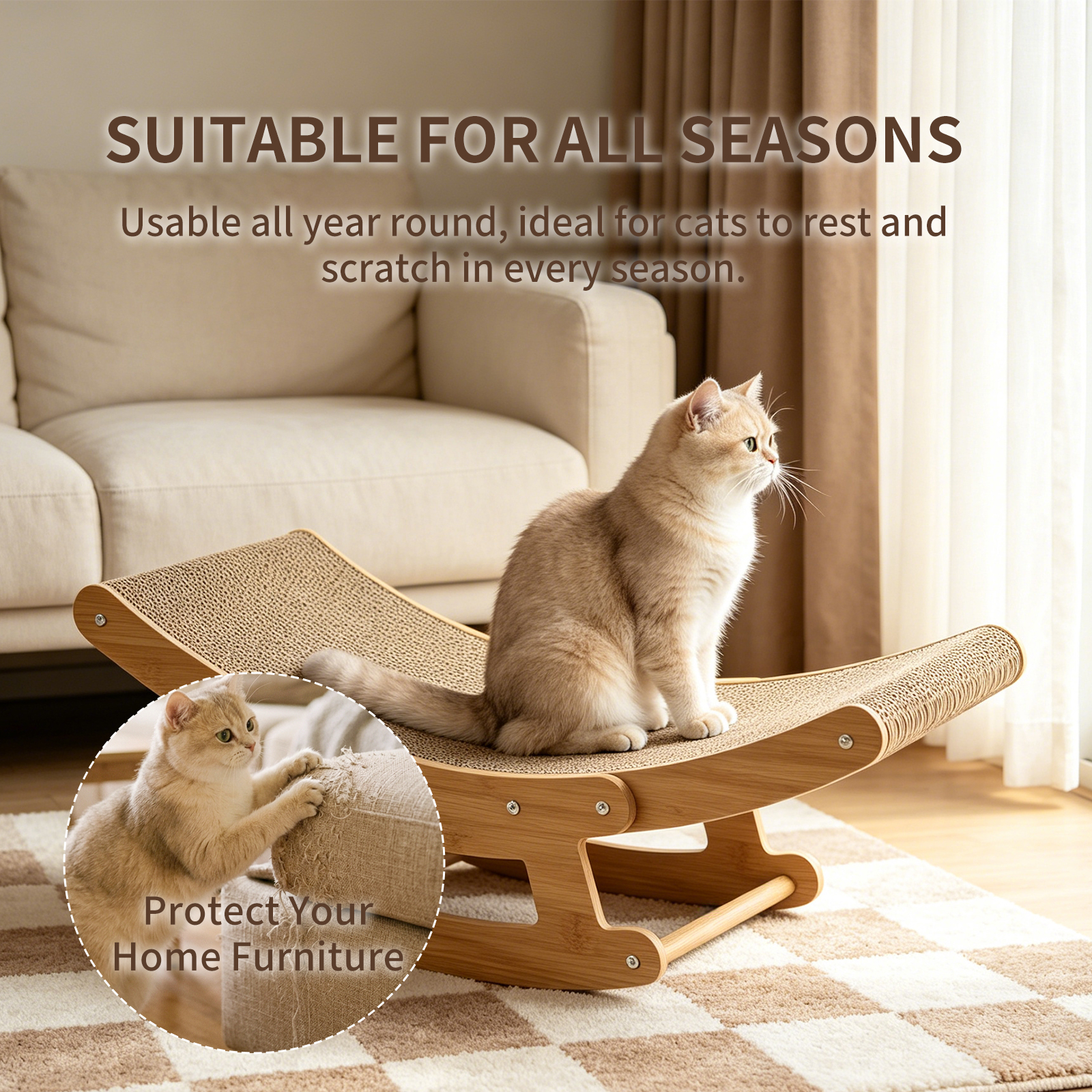 2-in-1 Cat Rocking Scratcher Chair Wooden Cat Bed Lounge Corrugated Cardboard Scratching Pad For Indoor Cats — foto 5