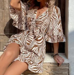 Loose Casual V Neck Ruffle Fashion Jumpsuit - Brown - View 1