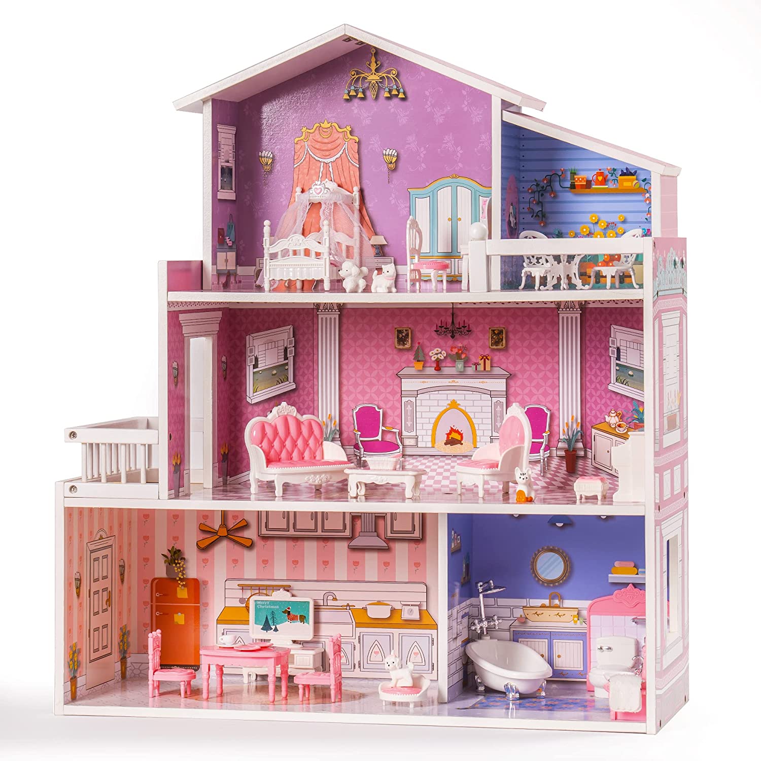 Wooden Dollhouse with Furniture for Girls Material: Wood (MDF) Size: 23.7 x 9.4 x 27.8 inches Item Weight: 16.3 Pounds Recommended Age: 8+