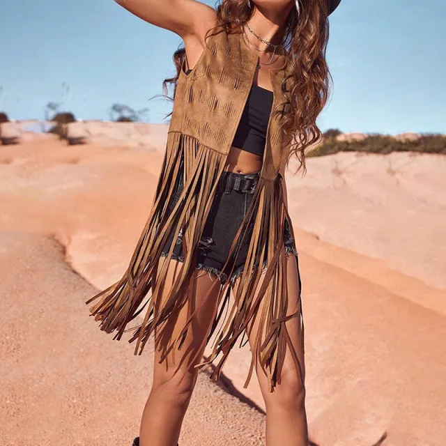 Women's Fringe Vest Sleeveless 70s Hippie Faux Suede Trim Western Cowgirl Tassel Jacket Cardigan Brown - Shop at LoveMi