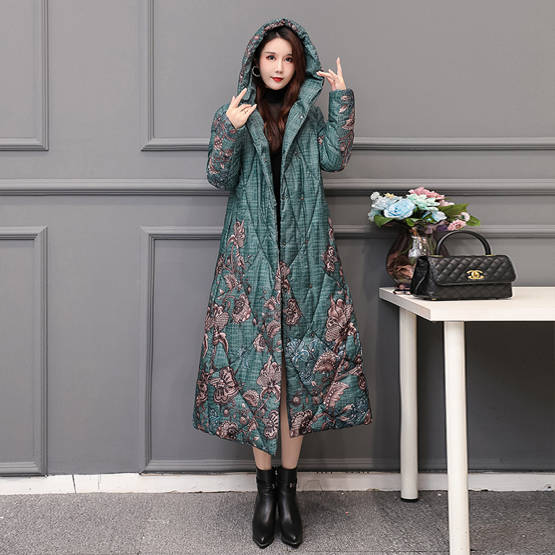 Women's Long Hooded Printed Cotton-padded Jacket