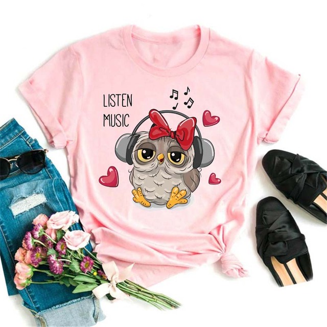 Owl Cute Cartoon Print Short Sleeve