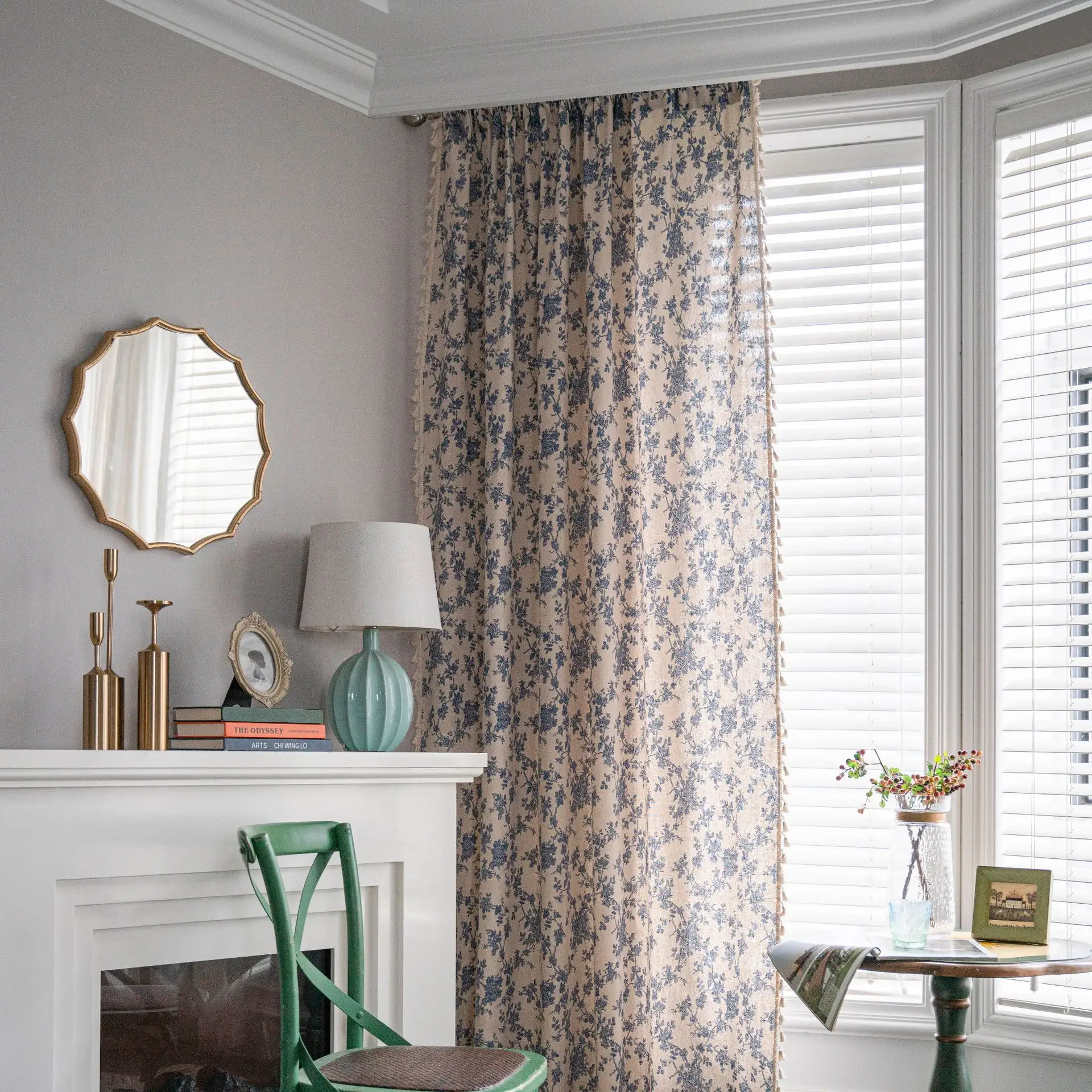 Cotton And Linen Printing Kitchen Curtain Beige