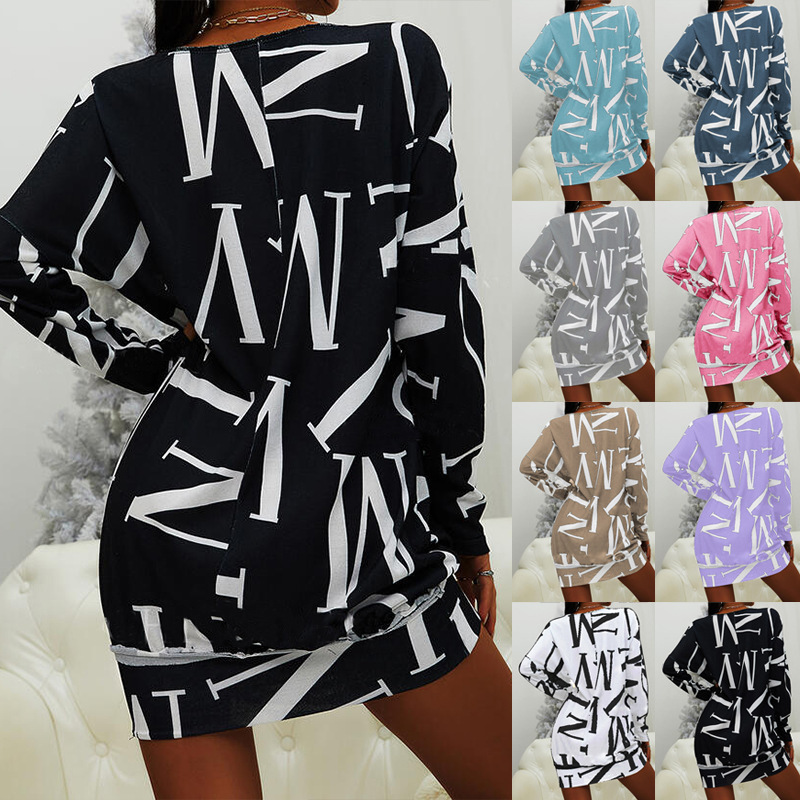 Women's Long Sleeve Letter Print Round Neck Casual Loose Dress