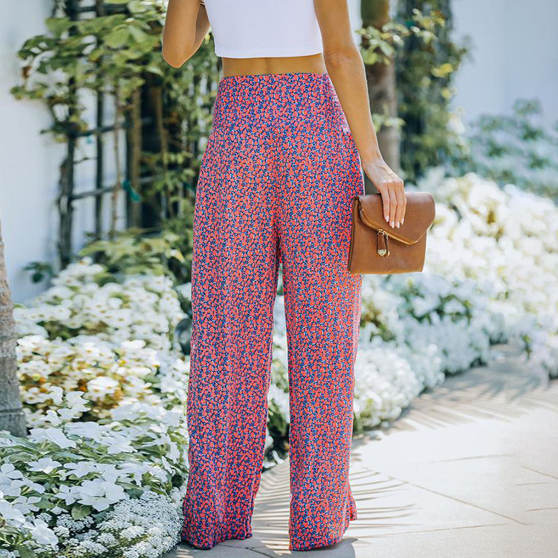 Fashion Printed High Waist Loose Lace-up Wide Leg Pants