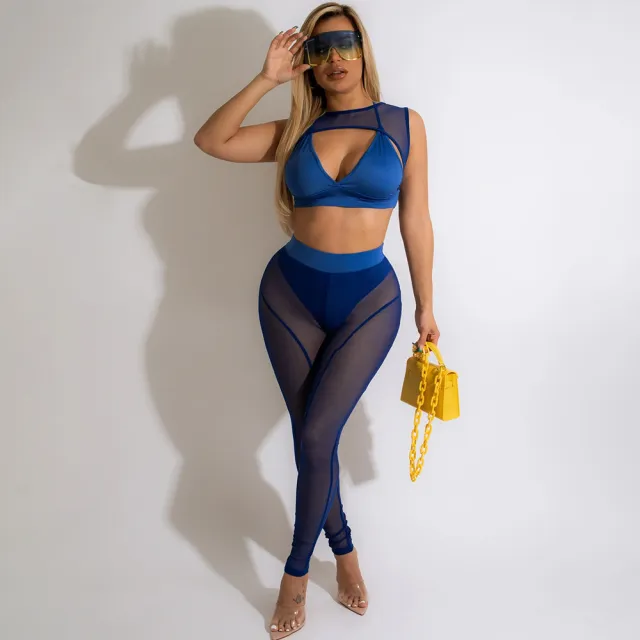 Women's Fashion Skinny Stitching Solid Color Leggings Trousers Blue - Shop at LoveMi