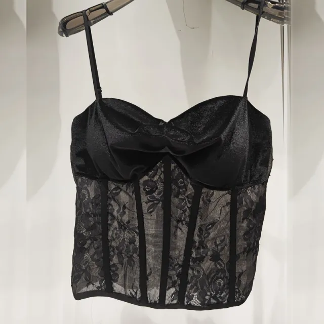 Summer New Socialite Style Lace Embroidery Pattern Fishbone Metal Sexy Sling Vest Black - Shop at LoveMi