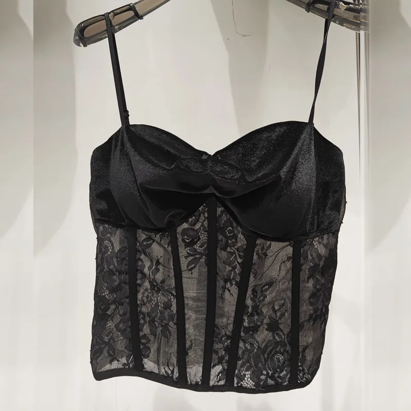 Summer New Socialite Style Lace Embroidery Pattern Fishbone Metal Sexy Sling Vest - Black