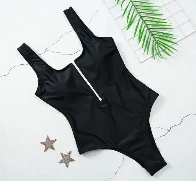 Zipper striped one piece swimsuit Black - Shop at LoveMi