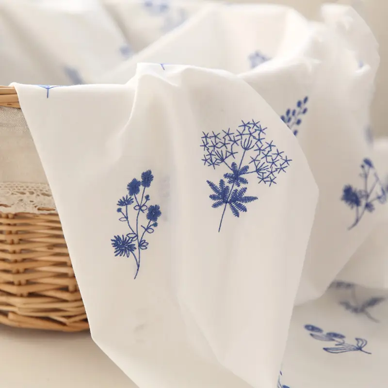 White Background Blue Flower Exquisite Embroidery Pure