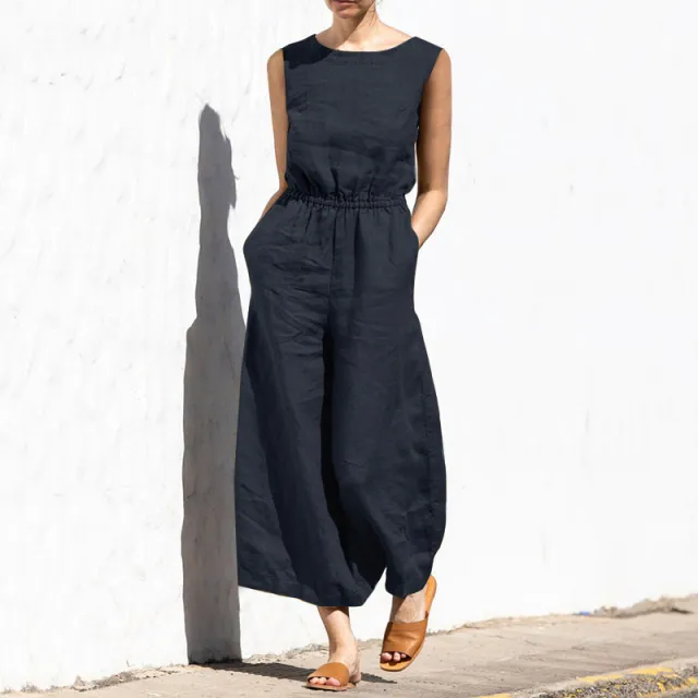 Summer Solid Color High Waist Sleeveless Trousers Women's Loose Type Temperament Jumpsuit Black - Shop at LoveMi