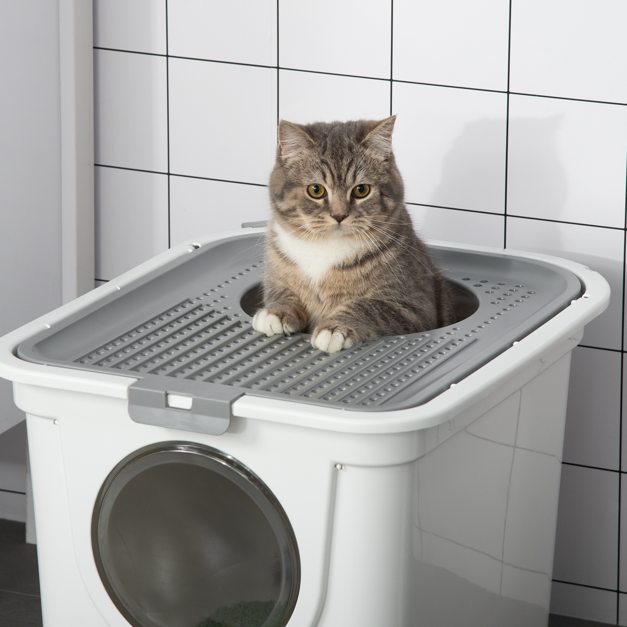 PawHut Cat Litter Box, Pet Toilet, Enclosed Kitten Pan With Front Entrance Top Exit, High Side, Scoop, White