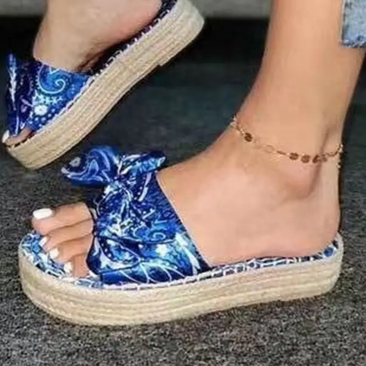 Hemp Straw Bow Slippers Satin Vintage Beach