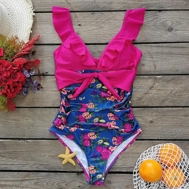 Women's Simple Sling Print Halter Ruffle Swimsuit Purple - Shop at LoveMi