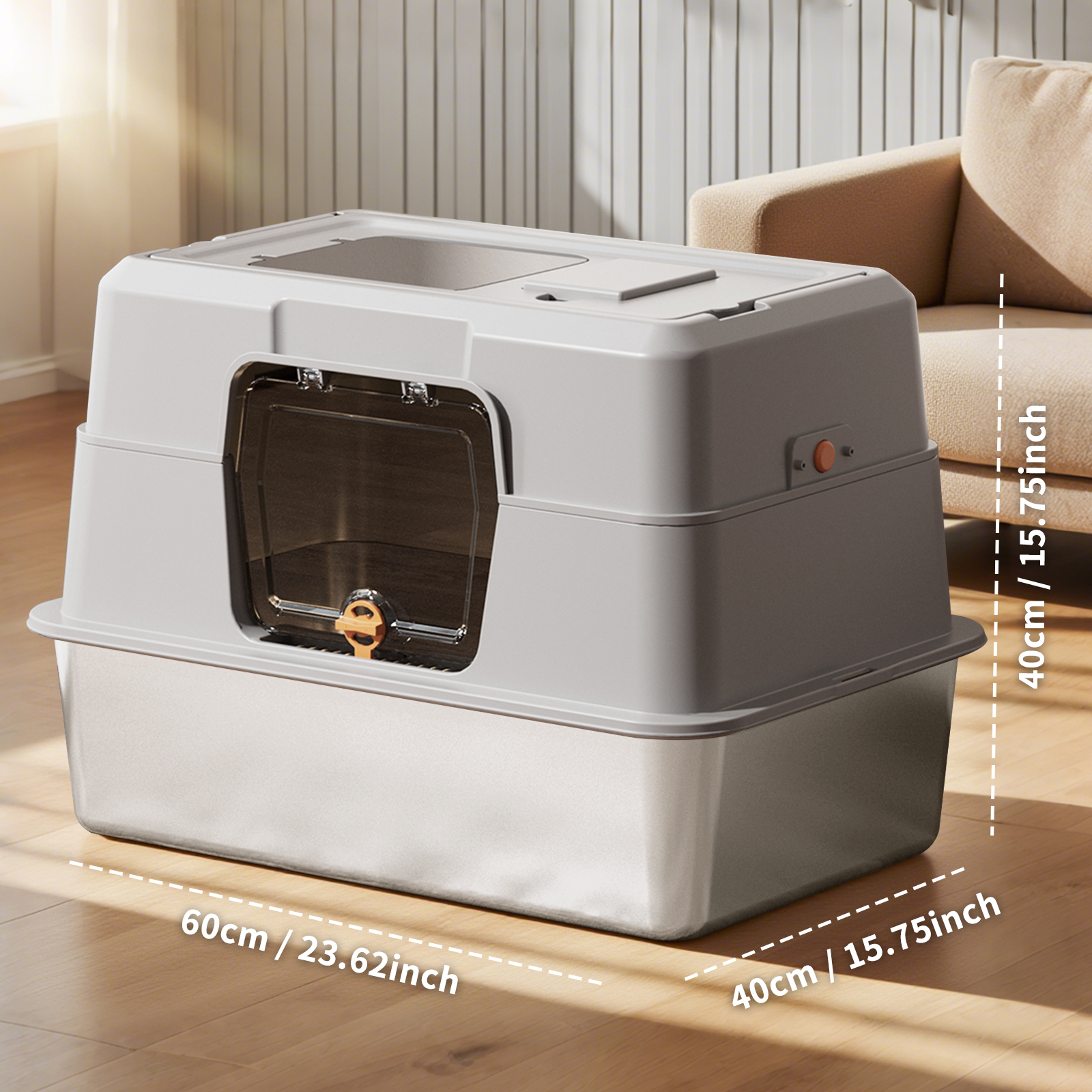60-40-40cm Fully Enclosed Stainless Steel Cat Litter Box, Odor & Splash Proof Easy Clean, For Large Cats & Multi-Cat Households