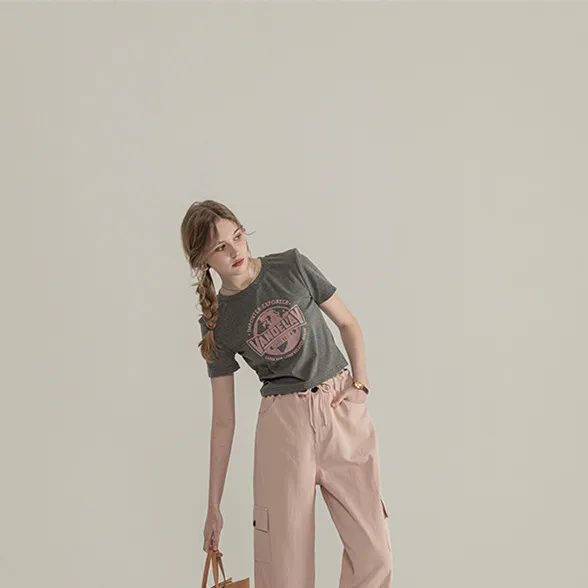 Women's Summer Gray Round collar Shoulder Letter T shirt Short Sleeve Top Smoky Gray - Shop at LoveMi
