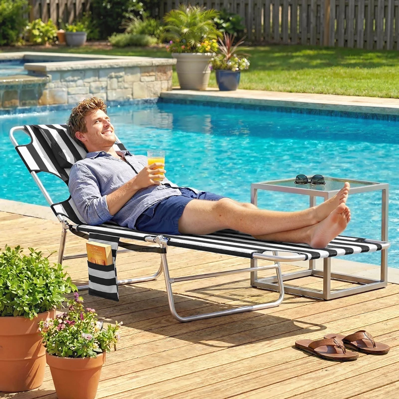 Tanning Chair With Face Hole, 5-Level Adjustable Outdoor Chaise Lounge Chair With Pillow For Beach, Pool, Black Stripe