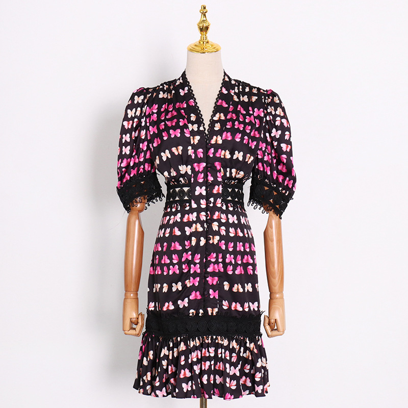 V-neck Bubble Short-sleeved Print Hollow Waist Ruffled Celebrity Dress