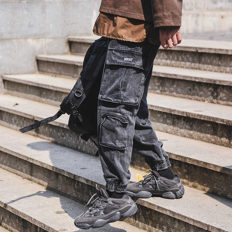 بنطال كارجو دنيم ممزوج ومغسول بتصميم مريح مع رباط (وقفيل)