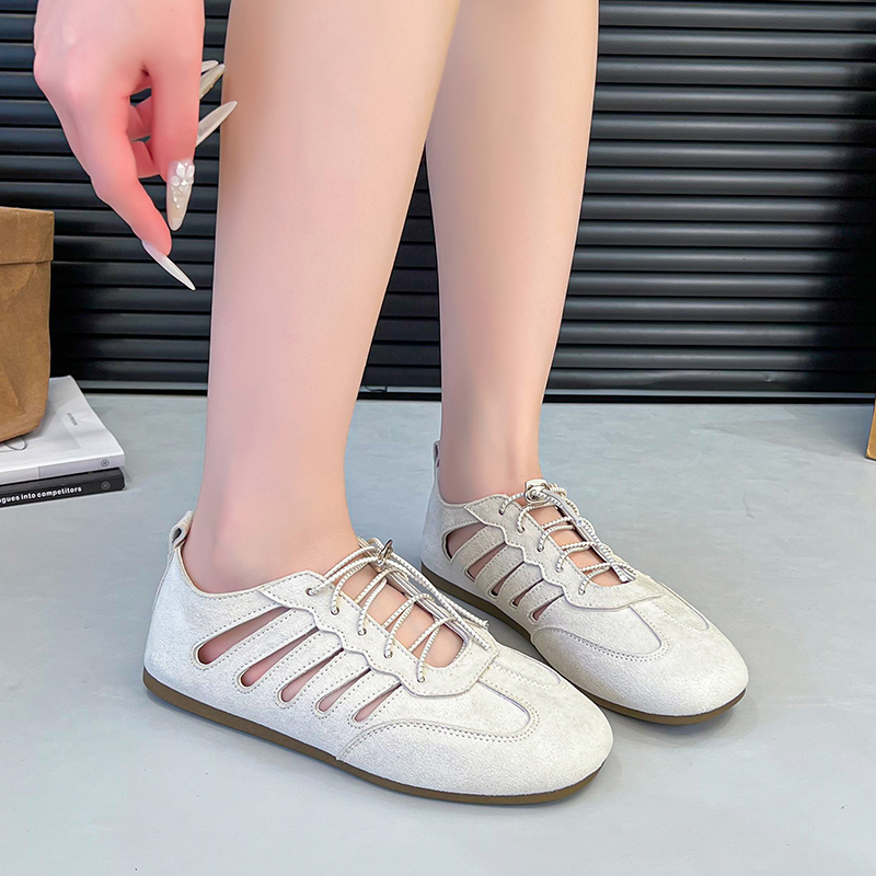 2026 New Women's French Hollow Breathable Hidden Platform Mary Janes, Round Toe Lace-Up Soft Flat Shallow Mouth Flats