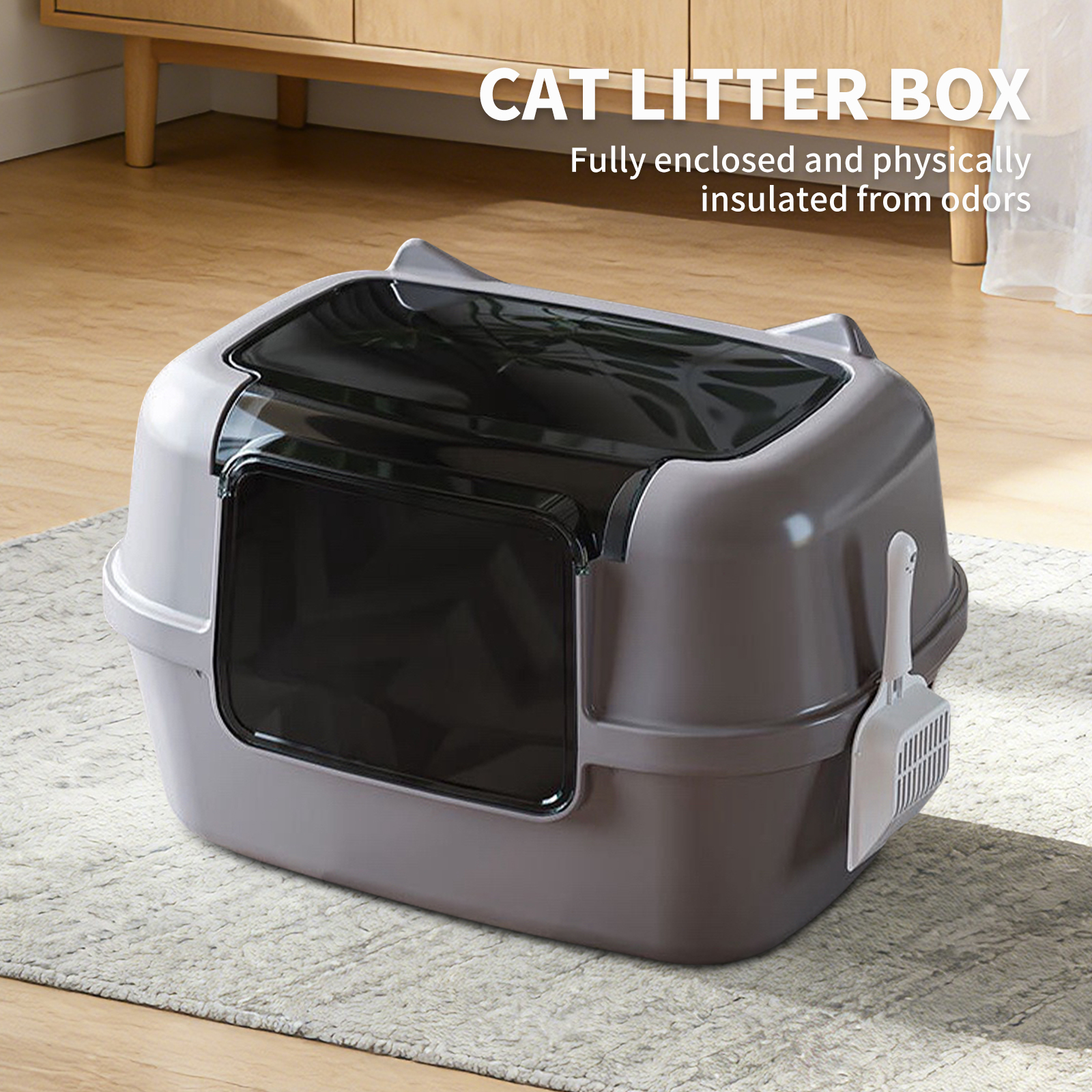 Extra Large Cat Ear Fully Enclosed Cat Litter Box, With Free Scoop & Litter Mat, Anti-Splash & Anti-Tracking Odor Locking, For Large Cats & Multi-Cat Households