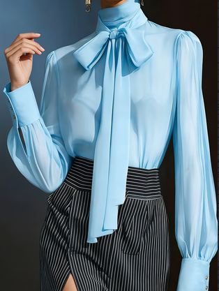 Women's High-neck Puff-sleeved Blouse With Tie