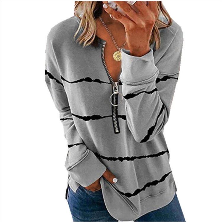 Title 2, Autumn New Style Striped Zipper V Neck Loose Lo...