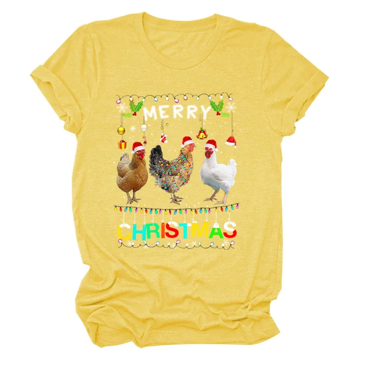 Europe And The United States Christmas Printed Casual Ladies Short-sleeved T-shirt - Yellow Colour
