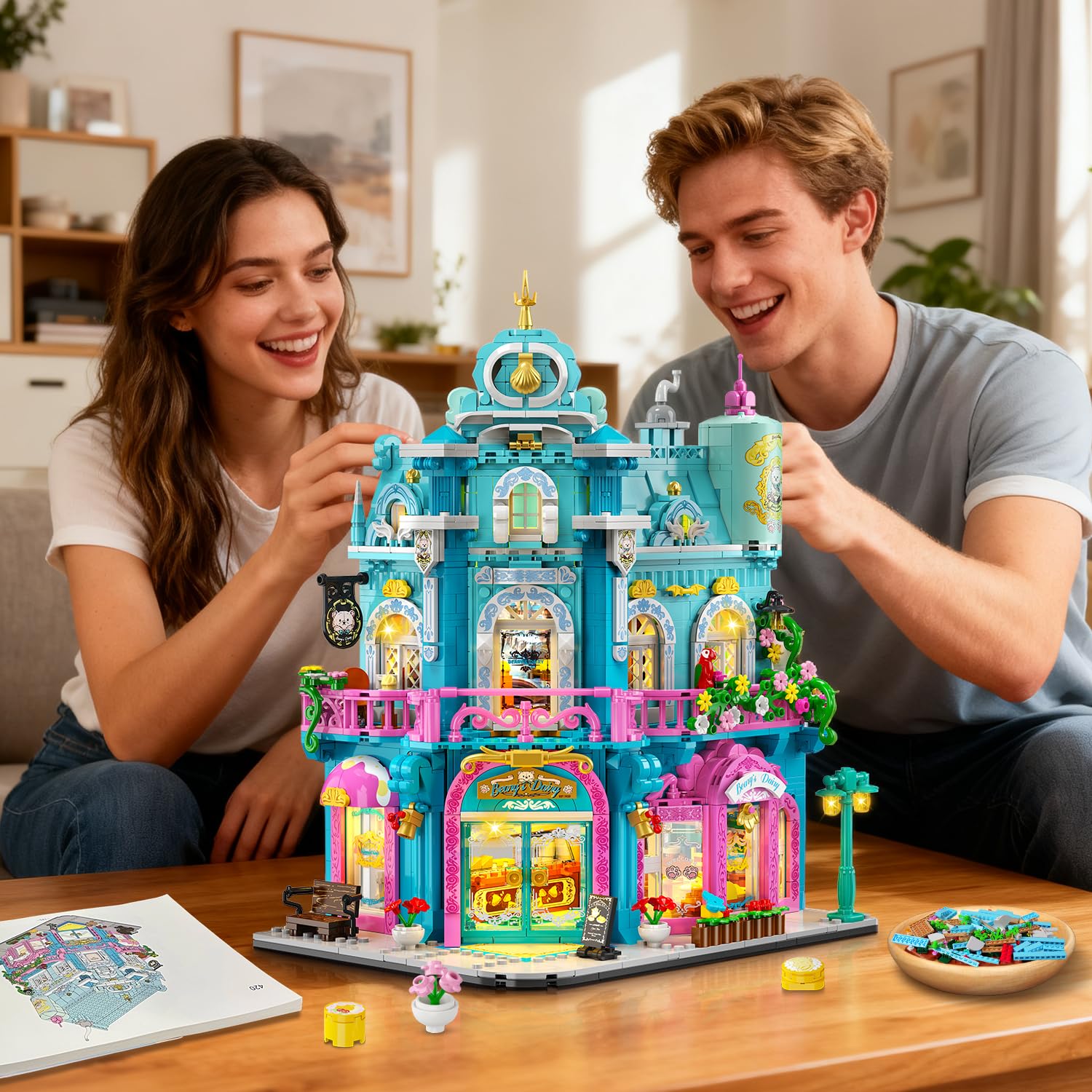 Castle Dairy Bakery Store Building Set With Light, City Dairy House Building Block Toy With Milk Cake Bread, Home Decor Construction Model Kit For Adults Teens Kids Boys Girls Ages