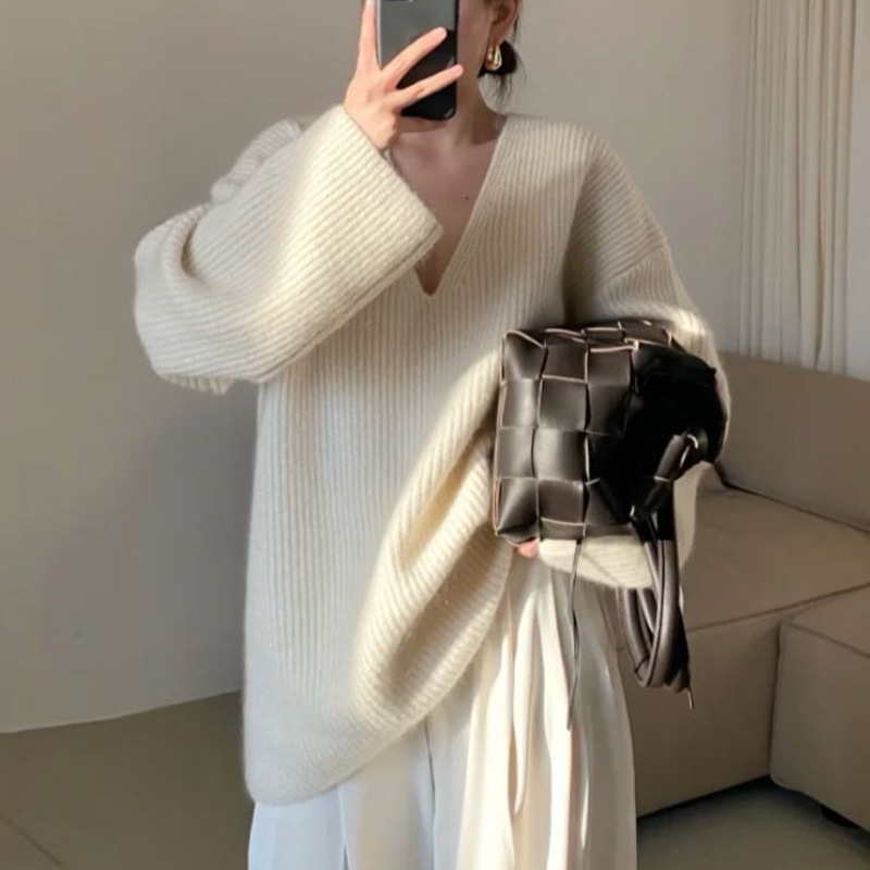 Winter V-neck Loose And Thin Vertical Knit Sweater