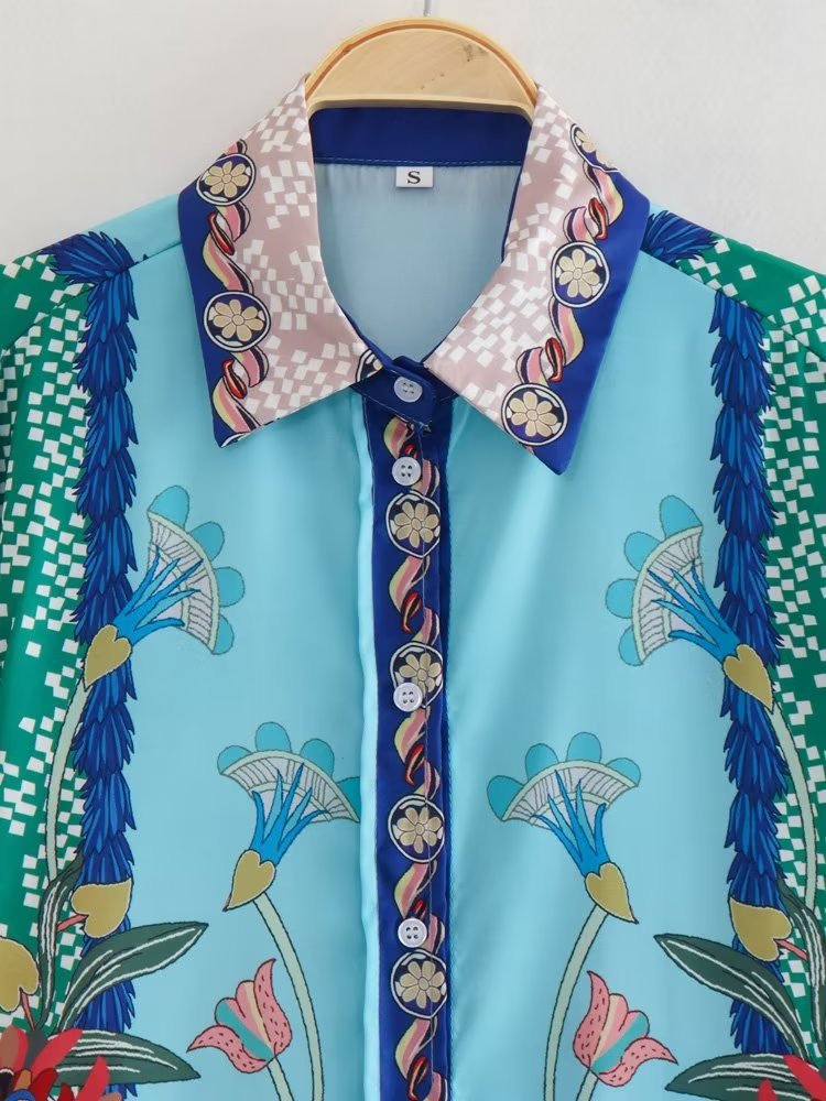 Women's Fashionable Retro Loose Positioning Printed Shirt And Trousers Suit