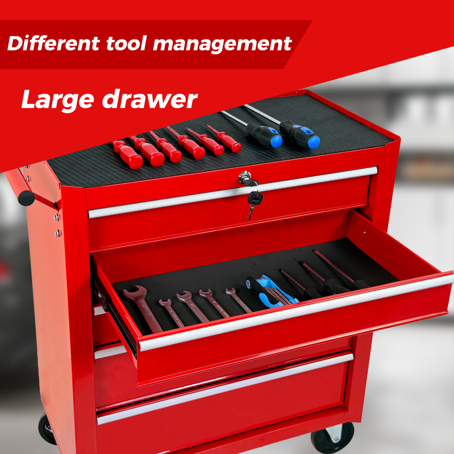 5-Drawer Rolling Tool Chest W Lock & Key, Tool Storage Cabinet With Wheels, Top Cushion & Drawer Liners, Tool Organizer Box For Garage, Warehouse & Repair Shop-RED thumbnail 12