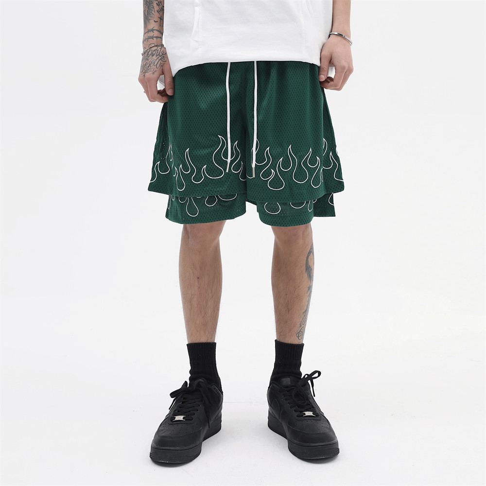 Fake Two-piece Flame Embroidered Sports Shorts Men's Trend