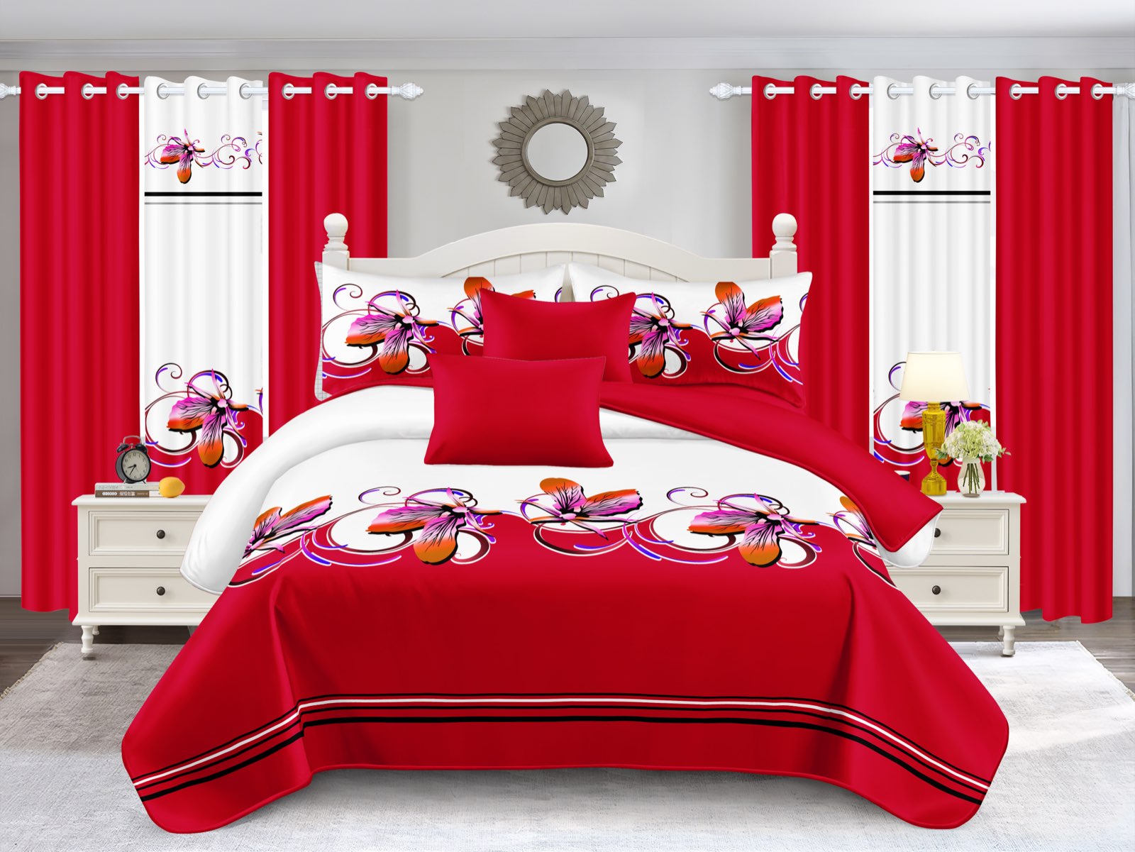 9-Piece Red And White Butterfly Bedspread And Curtain Set For California King