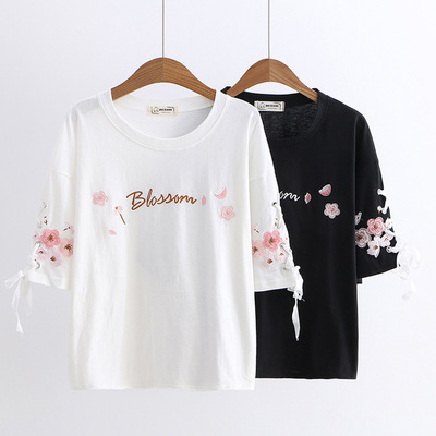 Title 3, Lace-up Flower Embroidery Cotton Loose Short-sl...