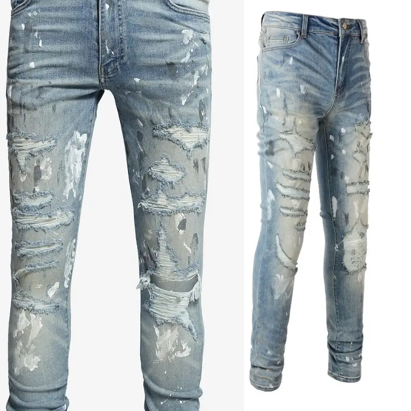 Torn Graffiti Old Wash Stretchy Slim Jeans Men