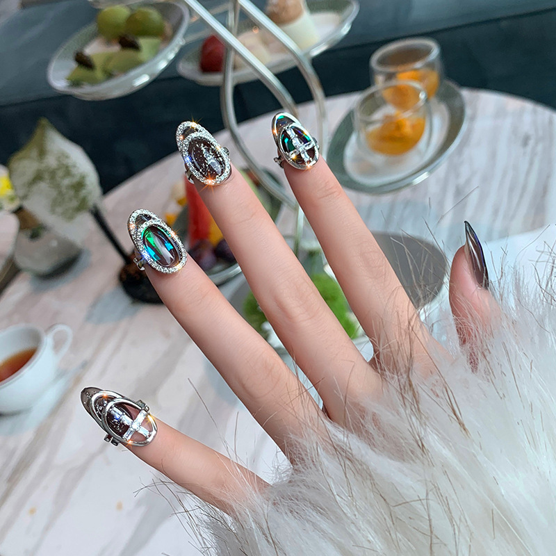 Geometric Hollow Oval Cross Fingertip Ring Set