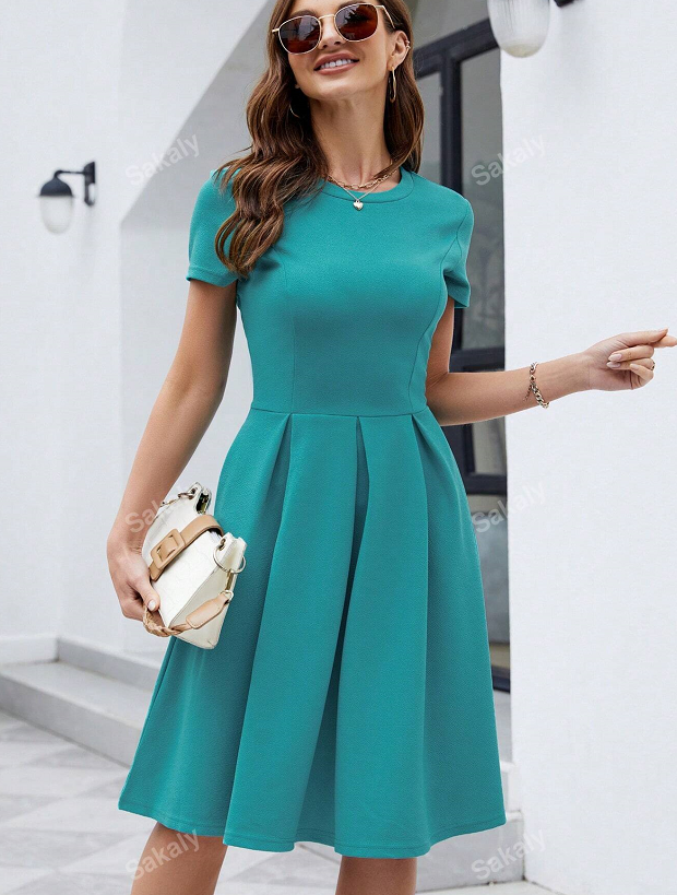 Solid Slant Pocket Fold Pleated Dress