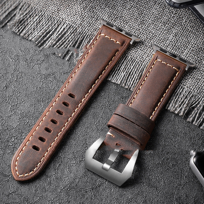 Crazy Horse Leather Apple Watch Band - Electroplated Silver Buckle Close-Up