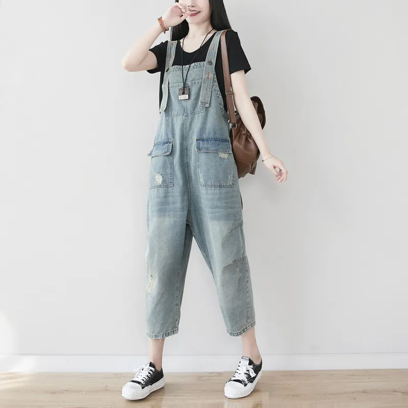 Women's Plus Size Retro Denim Harem Jumpsuit - Old Color