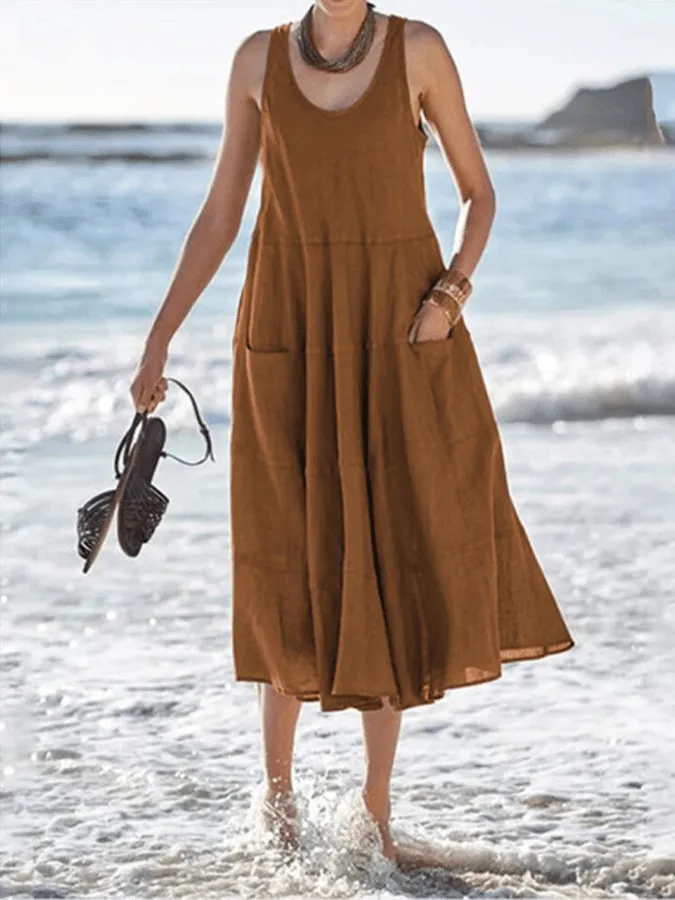 Multi-layer Cotton And Linen Sleeveless Long U-neck Pocket Dress - Coffee
