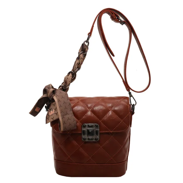 Lingge Bucket Bag Female Retro Texture Shoulder Bag Western Brown - Shop at LoveMi