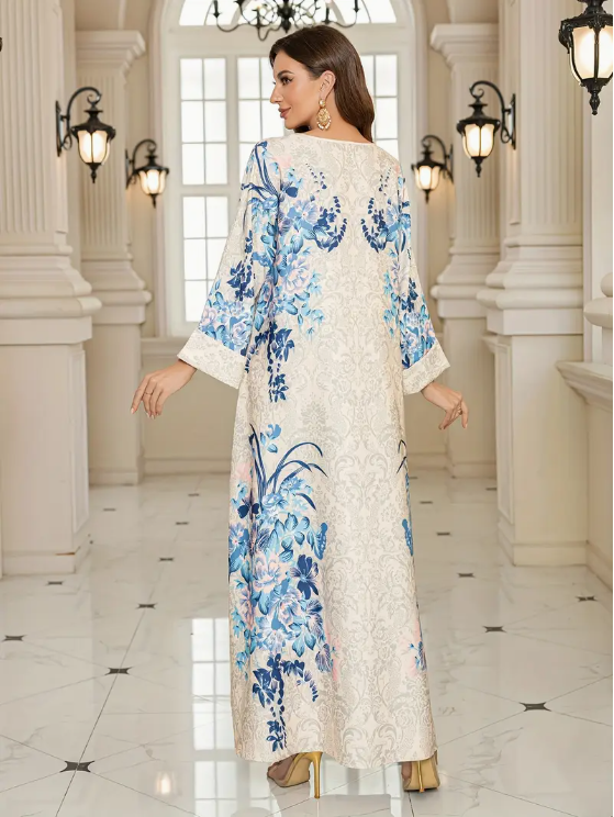 Elegant Floral Print Long Sleeve Abaya Dress