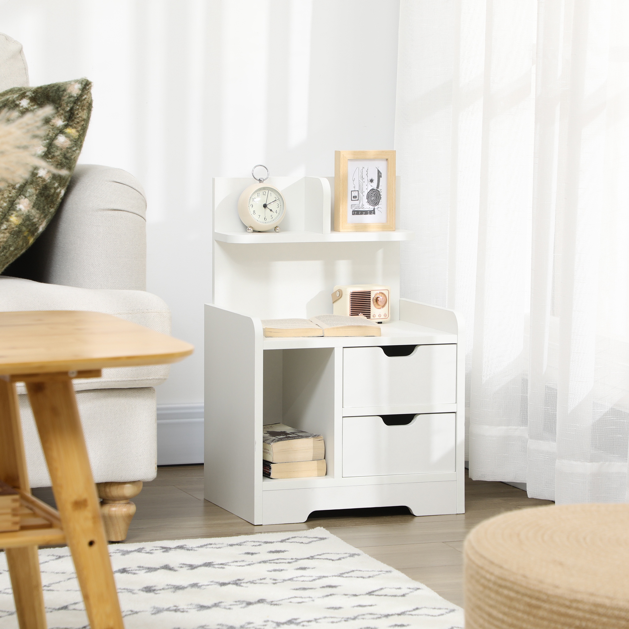 Bedside Table, Small With 2 Drawers And Storage Rack, Modern Bedroom White — image 8