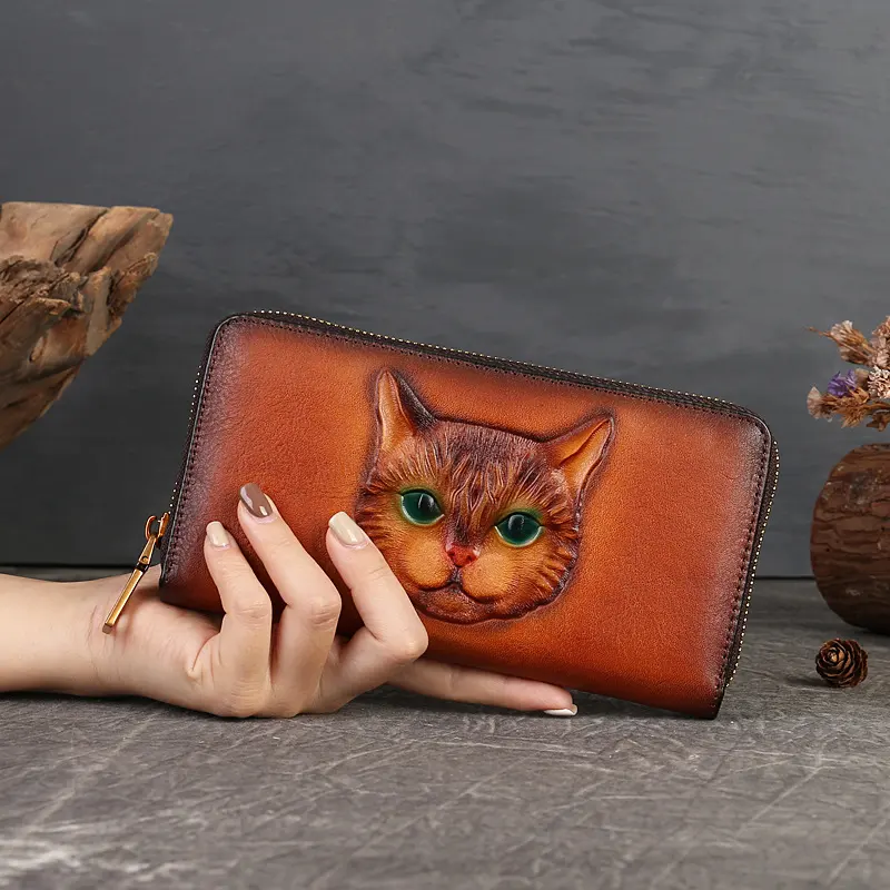Genuine Leather Coin Purse Cat Embossed Multi-card-slot Card Holder
