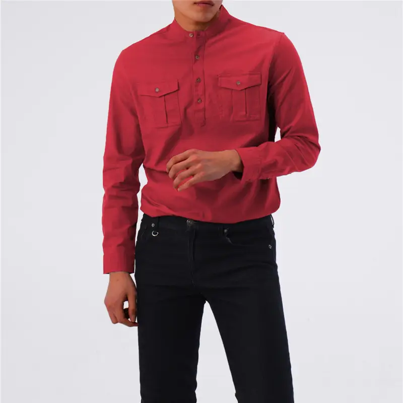 Men's Long-sleeved Solid Color Slim-fit Stand-collar Multi-pocket Tooling Shirt